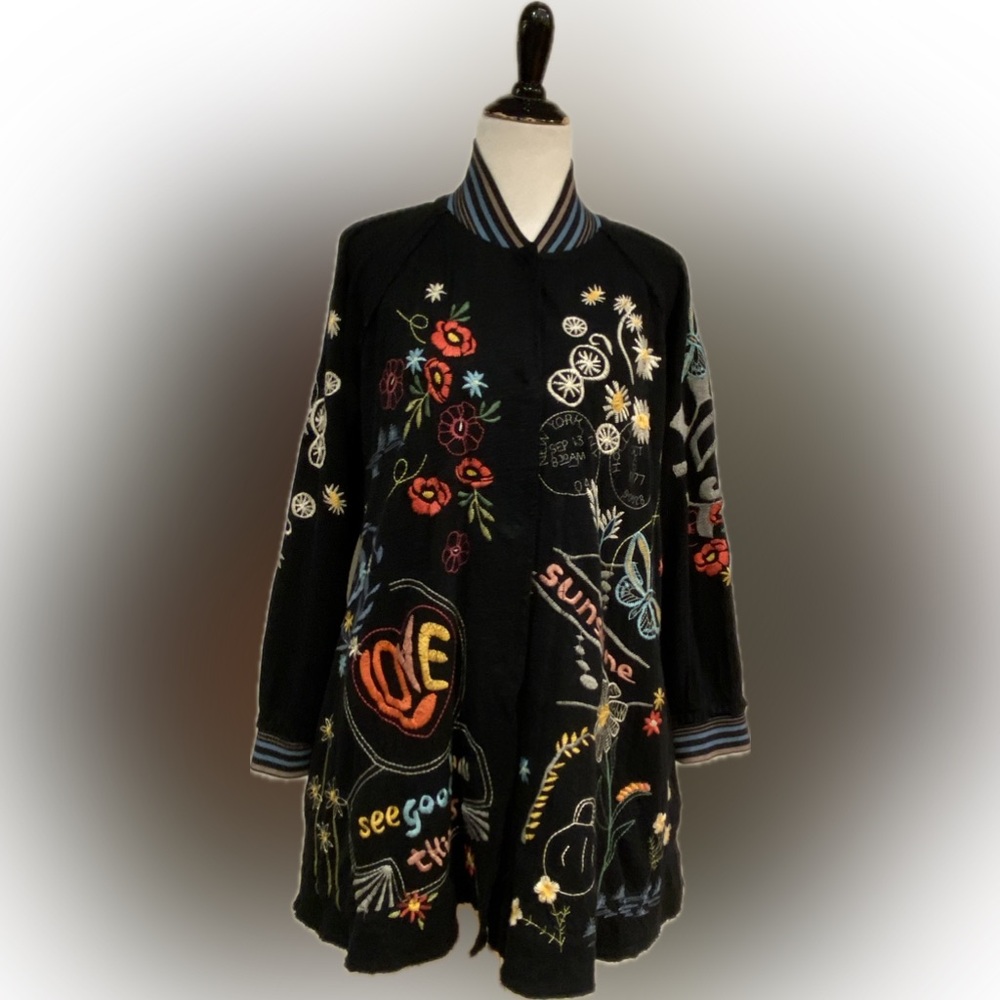 Johnny Was Biya Midi Bomber Jacket Embroidered Long Black Duster Coat Sz S